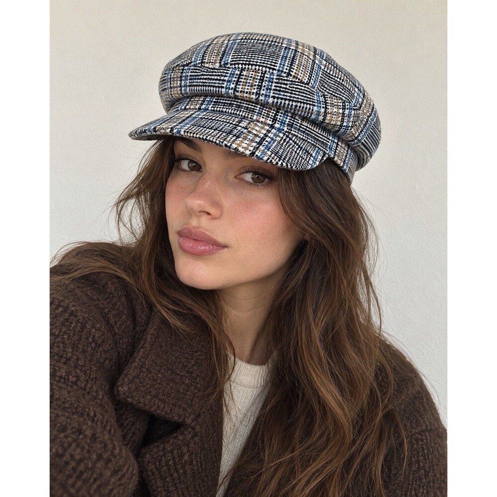Free People Lilibeth Plaid Lieutenant Hat OS Blue Tan White Military Newsboy Cap